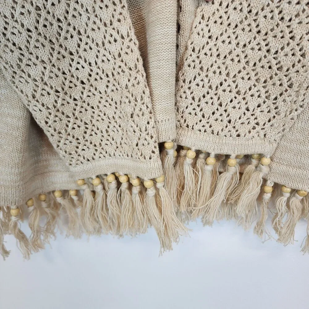Storybook Knits Cardigan Sweater Size M Beige Crochet Fringe Granny Vintage